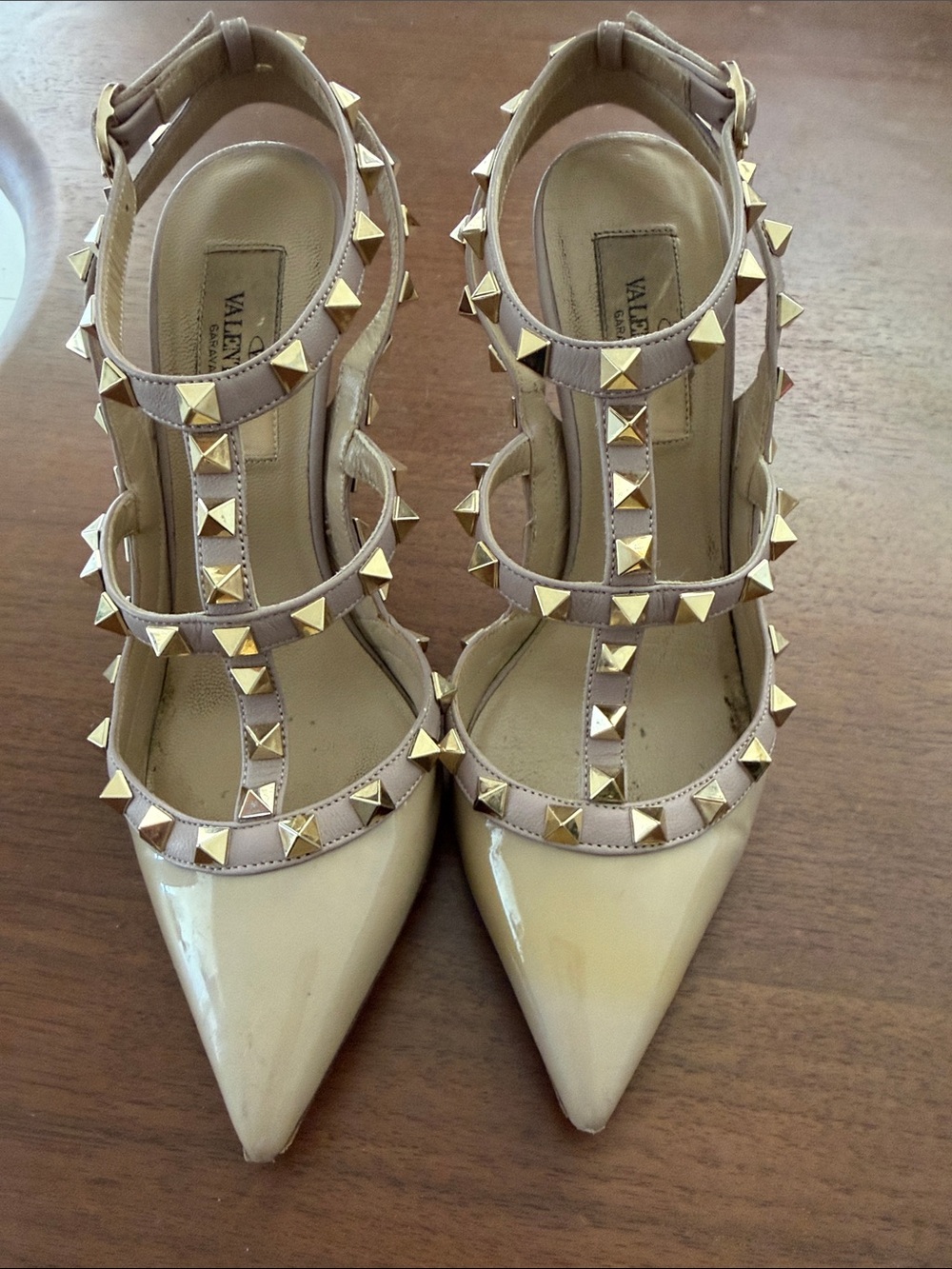 Valentino Nude Patent Leather T-Strap Rockstud Heels with Gold Studs